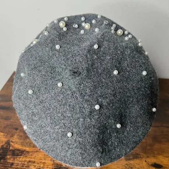 Marcus Adler New York Women's Beret Wool Blend Gray Beaded Pearls & Rhinestones - Picture 4 of 8